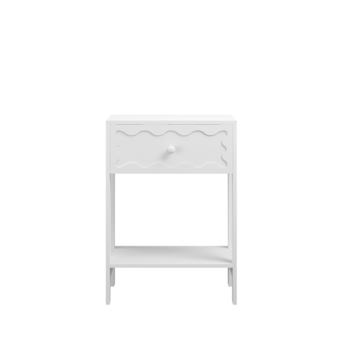 White Nightstand with Drawer and Open Shelf, Modern Wave Pattern Bedside Table, Solid Wood Frame End Table for Bedroom, Living Room, Small Spaces