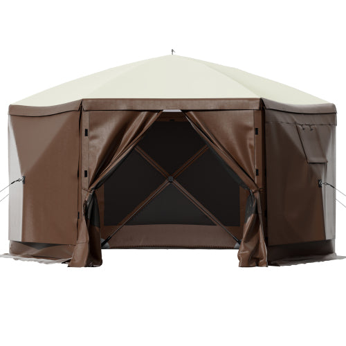 Camping Gazebo Tent, 10'x10', 6 Sided Pop-up Canopy Screen Tent for 8 Person Camping, Waterproof Screen Shelter w/Portable Storage Bag, Ground Stakes, Mesh Windows, Brown & Beige