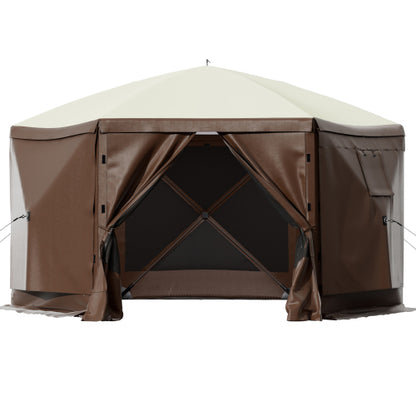Camping Gazebo Tent, 10'x10', 6 Sided Pop-up Canopy Screen Tent for 8 Person Camping, Waterproof Screen Shelter w/Portable Storage Bag, Ground Stakes, Mesh Windows, Brown & Beige