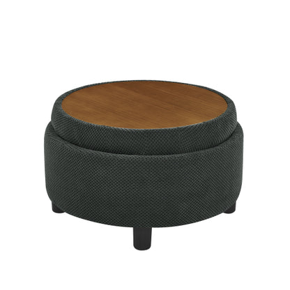 25 Inch Round Storage Ottoman, Dark Grey Tufted Fabric