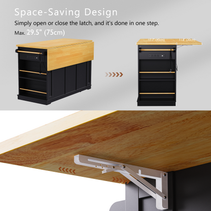 53inch Large Kitchen Island with Drop Leaf, Power Outlet, Door Internal Storage Rack, Rolling Kitchen Cart on 5 Wheels with 5 Open Side Racks for Kitchen, Dining Room,Black(Not include bar stools)
