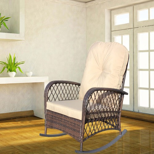 Outdoor Wicker Rocking Chair with Wide Seat, Thick, Soft Cushion, Rattan Rocker w/Steel Frame, High Weight Capacity for Patio, Garden, Backyard, Shallow brown Cushion