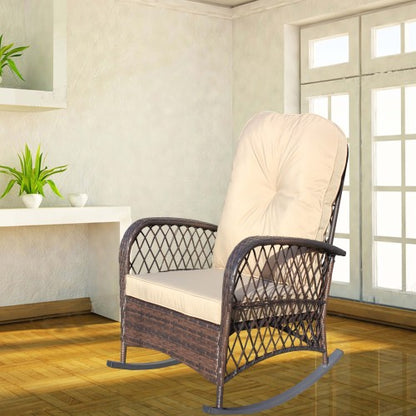 Outdoor Wicker Rocking Chair with Wide Seat, Thick, Soft Cushion, Rattan Rocker w/Steel Frame, High Weight Capacity for Patio, Garden, Backyard, Shallow brown Cushion
