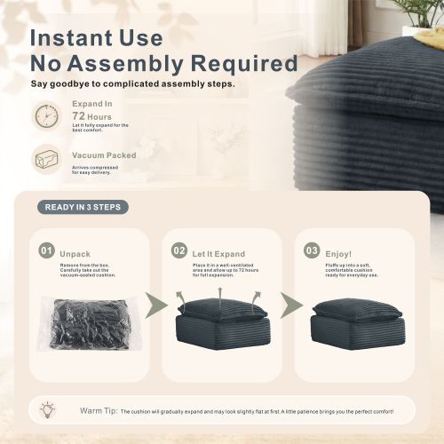 Grey Modular Compression Square Ottoman, Vacuum Packed Upholstered Footrest for Sectional Sofa, No Assembly