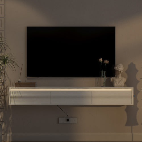 Fluted Floating Wall Mount TV Shelf with Touch LED Lighting & Power Charging Ports for Living Room