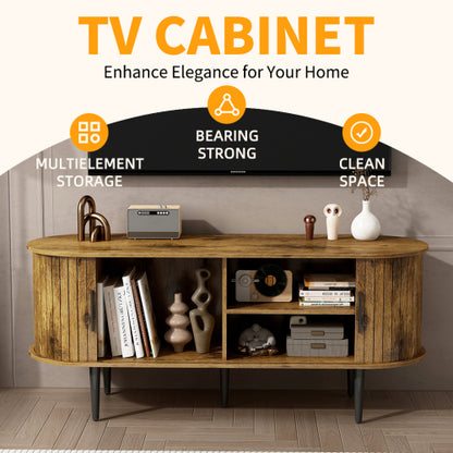 47 Inch Brown Mid-Century Fluted Sliding Door TV Console MDF Entertainment Center with Metal Legs