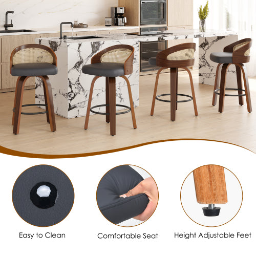 Swivel Bar Stools Set of 2, Modern Wood Frame with Rattan Back, PU Leather Stool for Kitchen Counter, Mid Century Upholstered Barstools with Footrest,Industrial Counter Height Stools