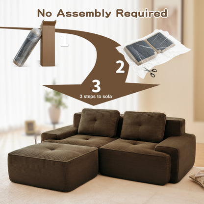 82-Inch Brown Corduroy L-Shaped Modular Sectional Tufted Sofa with Movable Ottoman No-Assembly