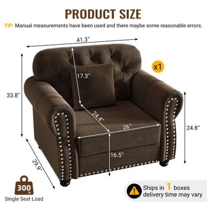 41.3 inch  Brown Mid-Century Velvet Sofa, Nailhead Trim, Rolled Arms, 1 Pillow