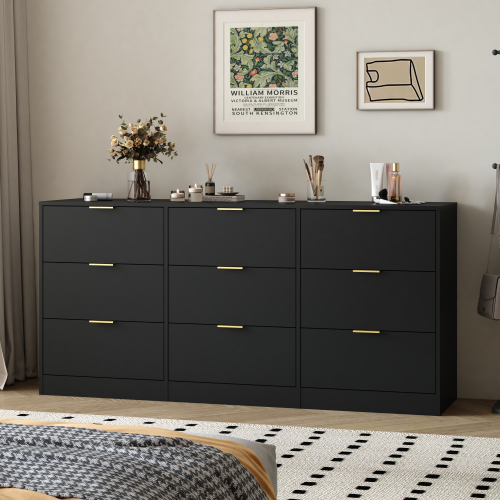 Black 9 Drawer Dresser, 63" Large Deep Chest of Drawers, Wooden Dresser Storage Cabinet with 9 Drawers for Bedroom, Long Dressers for Living Room, Hallway