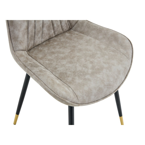 Set of 2 Gray Leathaire Tech Fabric Dining Chairs, Black Semi-Gloss Metal Leg Gold Trim Adjustable Non-Slip Feet Vertical Stitch High Back