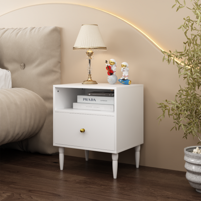 Modern White Nightstand with Drawer and Open Shelf, Bedside Table with Gold Knob, Solid Wood Legs, Small End Table for Bedroom, Living Room