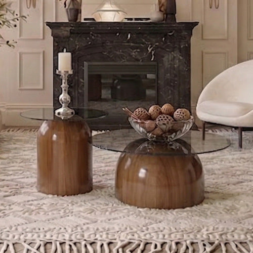 Set of 2 Walnut Nesting Glass Coffee Tables, Space-Saving Round Center Table