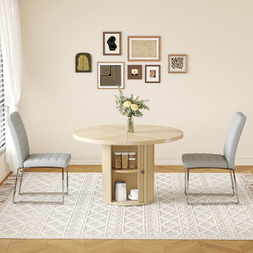 47.2 Inch Wood Grain Round Dining Table Set with Roman Column Base & Storage Shelf, Retro Brown 2-Piece Dining Set
