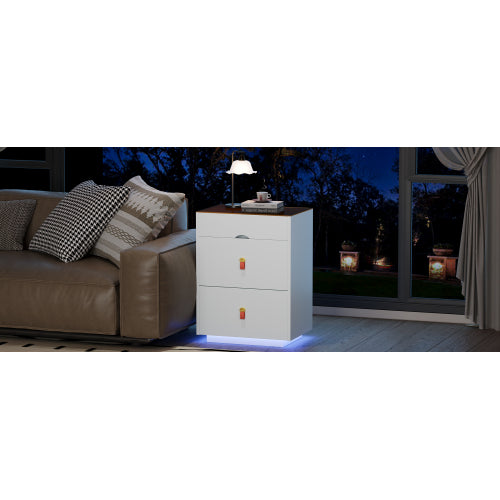 3-Drawer 30'' Nightstand with  LED Light, Modern Nightstand with 3 Storage Drawers, Bedside Table with Glass Top Jewelry Storage and Faux Leather Handles for Bedroom, Livingroom, Cloakroom, White
