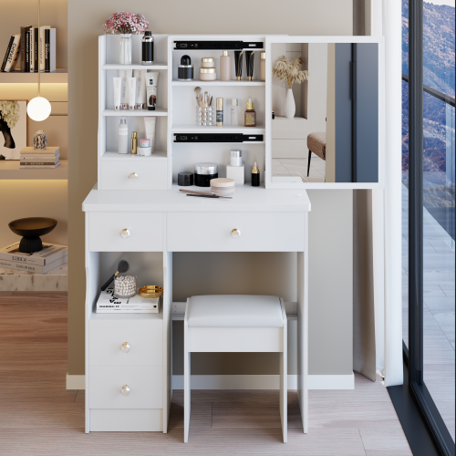 29.2inch  Small Space Left Drawer Desktop Vanity Table + Cushioned Stool, Extra Large Right sliding mirror, Multi Layer High Capacity Storage, Practical Fashionable Dresser, Suitable For Small Space