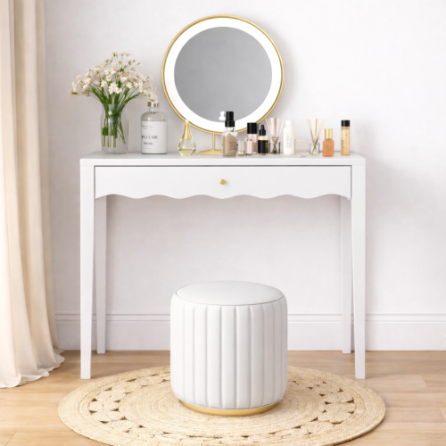 White 35.43inch  Vanity Desk with Drawer ¨C Modern Makeup Table with Scalloped Front & Gold Knob, Compact Writing Desk with 4 Sturdy Legs for Bedroom, Small Home Office & Apartment Spaces