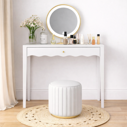 White 35.43inch  Vanity Desk with Drawer ¨C Modern Makeup Table with Scalloped Front & Gold Knob, Compact Writing Desk with 4 Sturdy Legs for Bedroom, Small Home Office & Apartment Spaces