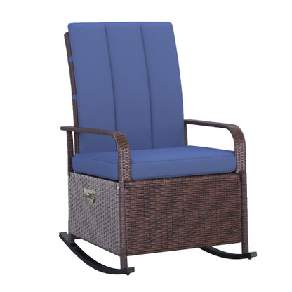 Outsunny Wicker Outdoor Rocking Chair, Patio Recliner with Adjustment Backrest, PE Rattan Lounge Chair with Adjustable Footrest and Cushions for Garden, Backyard, Porch, Blue