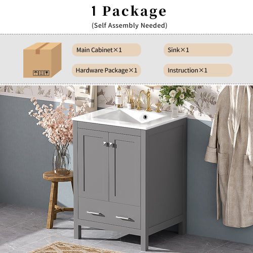 24-inch bathroom vanity with integrated undermount basin and a storage cabinet featuring 2 doors and 1 drawer. Includes double-layer door shelf, soft-close design, and versatile storage solutions