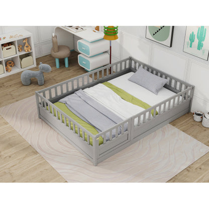 Full size  Floor bed, integral construction with super high security barrier, door, children's floor bed frame, Montessori wooden children's floor bed,  Grey