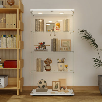 White Tempered Glass Display Cabinet With Remote Control Light & Lockable Casters