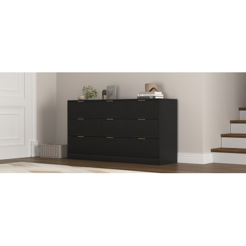 Black 9 Drawer Dresser, 63" Large Deep Chest of Drawers, Wooden Dresser Storage Cabinet with 9 Drawers for Bedroom, Long Dressers for Living Room, Hallway, Drawer panel with wavy patterns