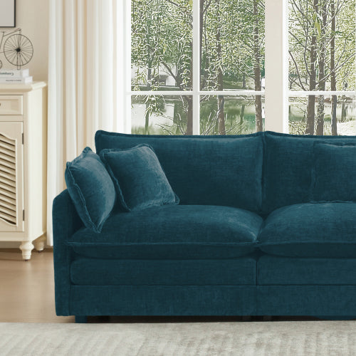 Blue Chenille Modern Deep-Seat Loveseat Sofa with 4 Throw Pillows
