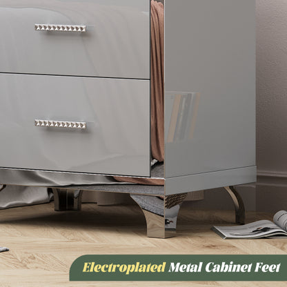 High Gloss Mirrored Nightstand with 2 Drawers,Modern End Table with Drawers,Mirrored High Gloss Wood Nightstand Metal Handle Bedside End Table for Bedroom, Dorm,Living Room,Grey
