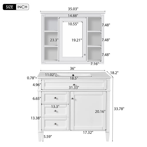 36'' Bathroom Vanity with Medicine Cabinet, Modern Bathroom Storage Cabinet with 2 Soft Closing Doors and 4 Drawers, Single Sink Bathroom Vanity