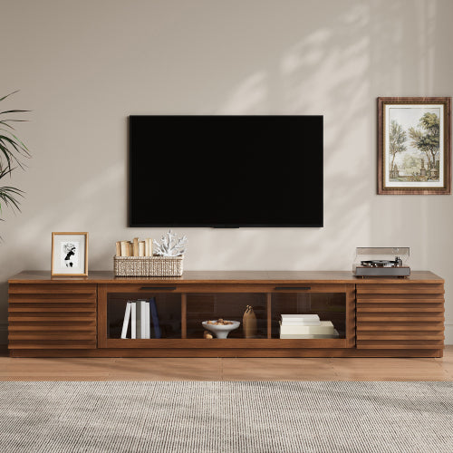 70.8 inch Walnut APP Control RGB LED Glass Flip Door TV Stand Legless Media Console For 80 inch TV