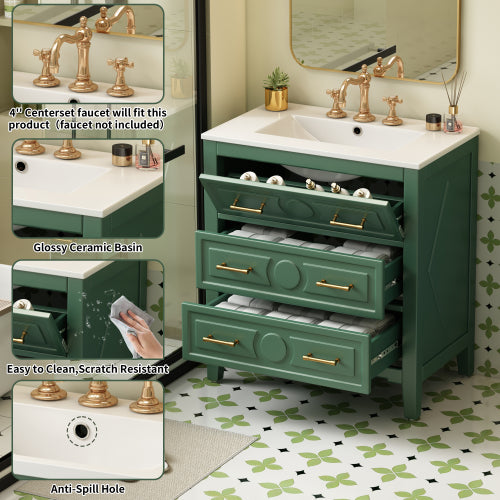 30'' Bathroom Vanity with Ceramic Sink Combo, Free Standing Single Vanity Set with 3 Drawers, Solid Wood Frame Bathroom Storage Cabinet, Green