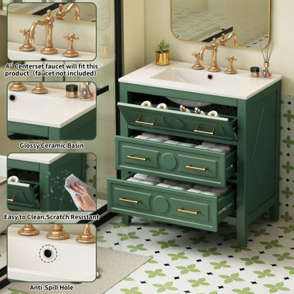 30'' Bathroom Vanity with Ceramic Sink Combo, Free Standing Single Vanity Set with 3 Drawers, Solid Wood Frame Bathroom Storage Cabinet, Green