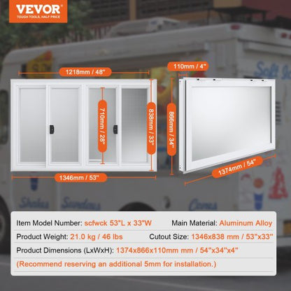Concession Window 53"x33", Aluminum Alloy Food Truck Service Window with 4 Horizontal Sliding Windows & Awning Door & Drag Hook, Up to 85 Degrees Serving Window for Food Truck Concession Trailer