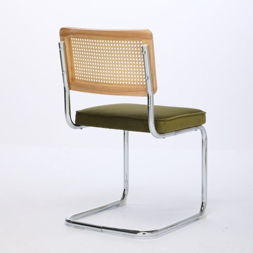 Mid Century Modern Dining Chairs Set of 2, Velvet Accent Chairs with Natural Cane Back and Stainless Chrome Base, Olive Green