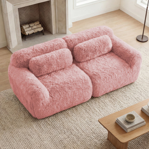 Pink 2-Seater Plush Modular Sofa,32D Sponge,Throw Pillows,No Assembly,Anti-Slip Base