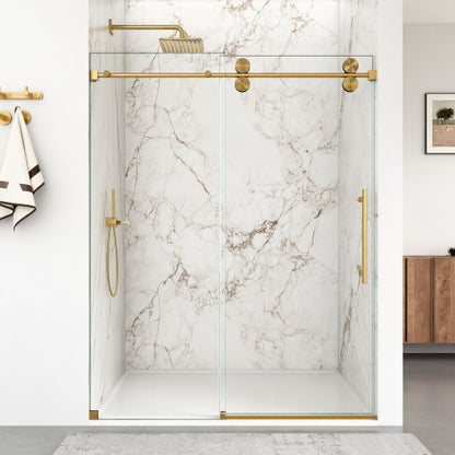 56"-60"W x 72"H Frameless Single Sliding Shower Door – 5/16" (8mm) Clear Tempered Glass, Bypass Design with Brushed Gold Finish