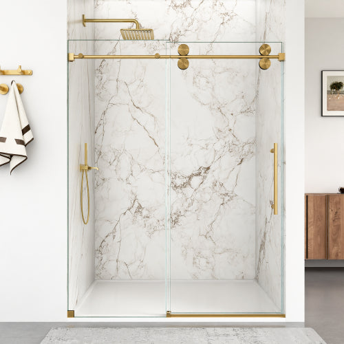 56"-60"W x 72"H Frameless Single Sliding Shower Door – 5/16" (8mm) Clear Tempered Glass, Bypass Design with Brushed Gold Finish