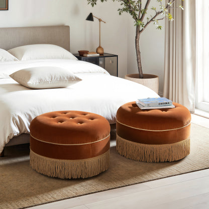 24 inch Burnt Orange Performance Velvet Round Ottoman, Vintage Fringe Accent Stool, Handcrafted Hardwood Frame