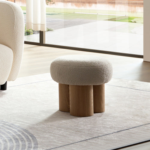 Beige Teddy Mushroom Ottoman, Walnut Finish Barrel Base Cute Foot Stool for Living Room Entryway