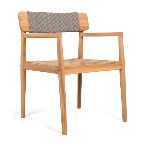 CREATIVE BRAIDED ACACIA WOOD OUTDOOR DINING CHAIRS WITH ARMRESTS, SUITABLE FOR OUTDOOR DINING AND LEISURE PLACES, TEAK LOOK & GREY ROPE,SET OF 2