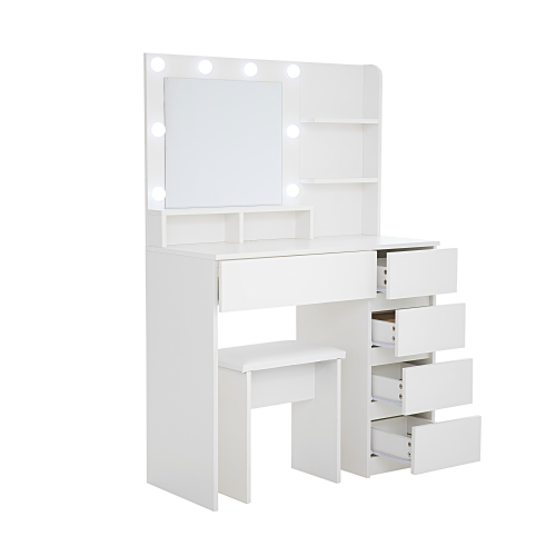 Vanity, Makeup Vanity Desk Set with Mirror & Light, Dressing Table Storage Lots , 3 Lighting Modes with Adjustable Brightness, White with Stool