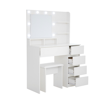 Vanity, Makeup Vanity Desk Set with Mirror & Light, Dressing Table Storage Lots , 3 Lighting Modes with Adjustable Brightness, White with Stool