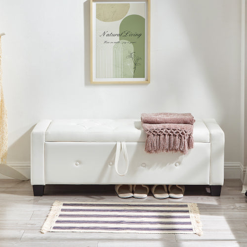 48'' Storage Ottoman Bench Tufted Faux Leather Upholstered Bench Ivory White