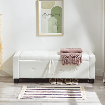 48'' Storage Ottoman Bench Tufted Faux Leather Upholstered Bench Ivory White