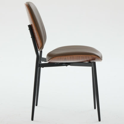 Set of 2 Mid Century Modern Faux Leather Dining Chairs with Walnut Bentwood Back and Metal Legs, Brown PU