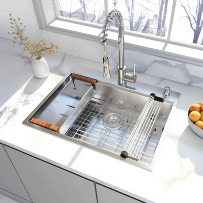 28 x 22 Drop In Stainless Steel Workstation Sink, 28 Inch 18-Gauge Stainless Steel Drop-In Kitchen Sink, Handmade Single Bowl Workstation R10 Rounded Corner kitchen Sink with Accessories