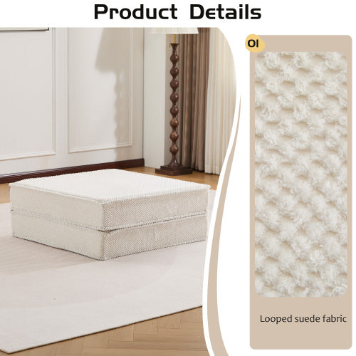 White Circle Fleece Modular Ottoman, No-Assembly Compression Convertible Floor Sofa Footstool for Small Spaces
