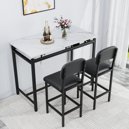 3-Piece Rustic Black Bar Set, Marble Surface Table & 2 Grey PU Chairs