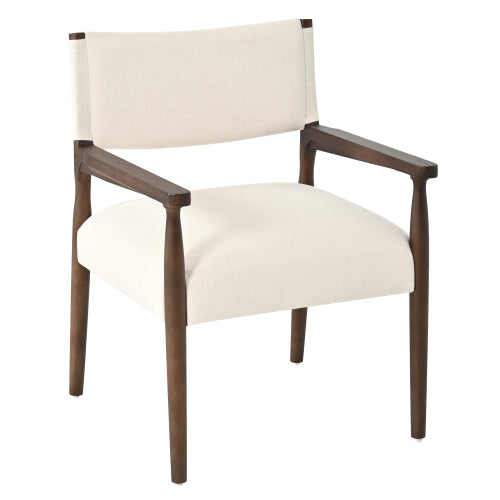 Set of 2 Mid-Century Walnut Rubber Wood Dining Arm Chairs, Beige Fabric Upholstery